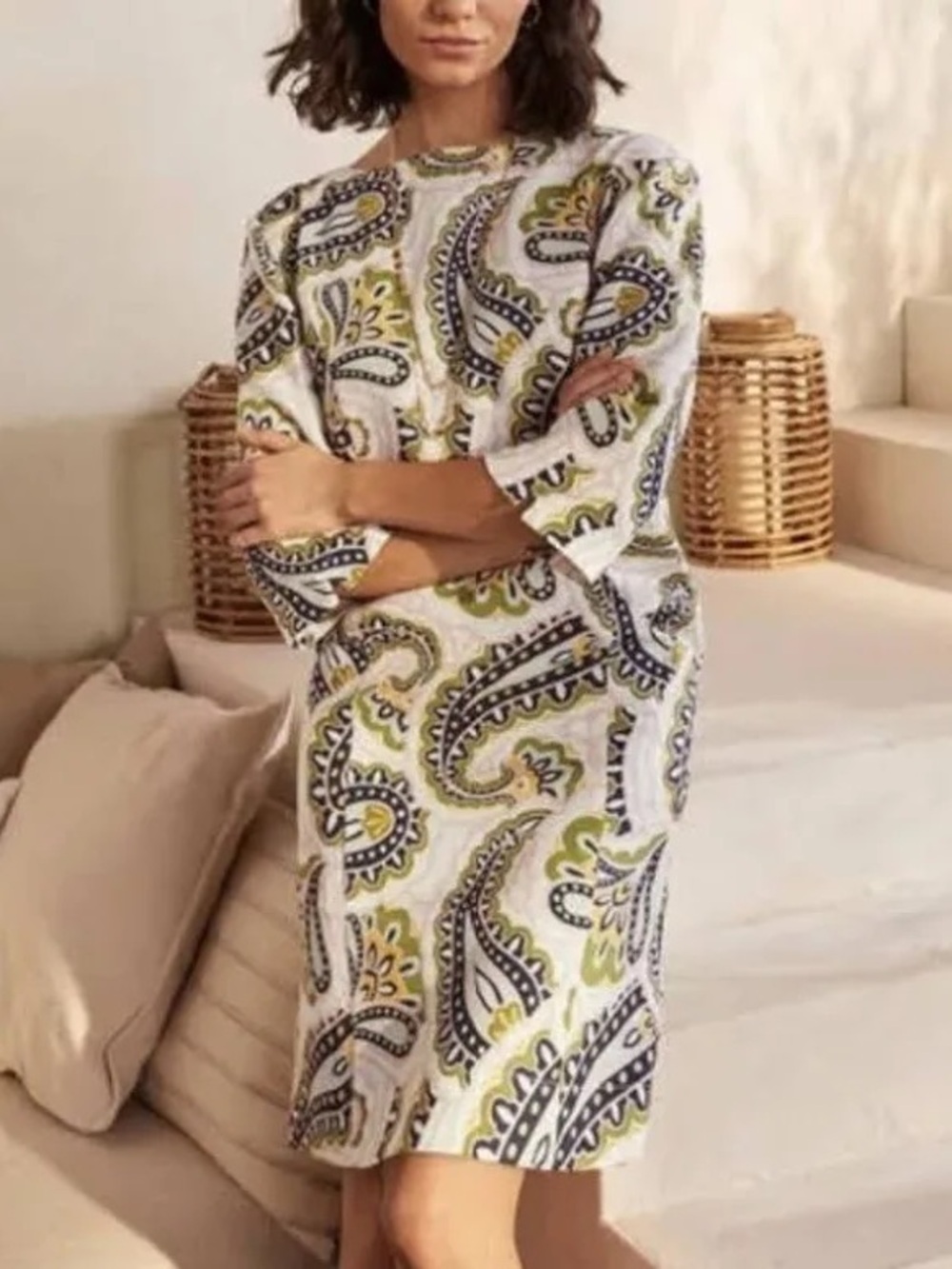 Boden Paisley Midi Dress in White, Green, and Blue